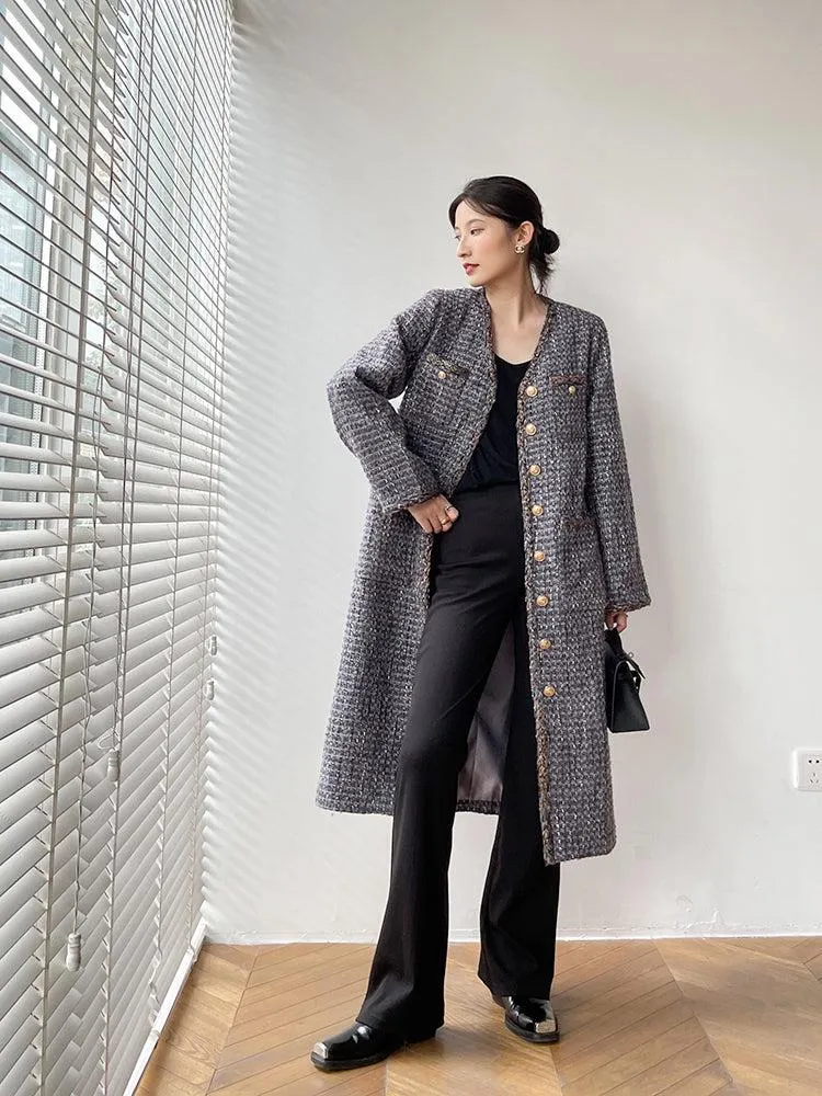 Gray Single Breasted Tweed Long Coat