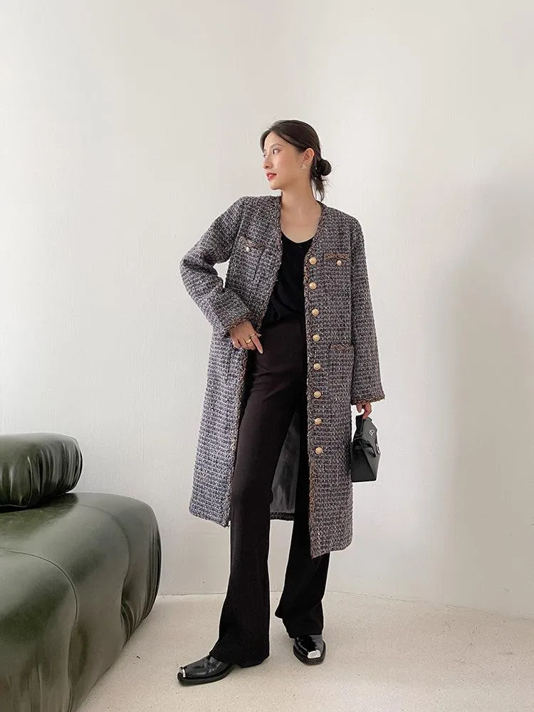 Gray Single Breasted Tweed Long Coat