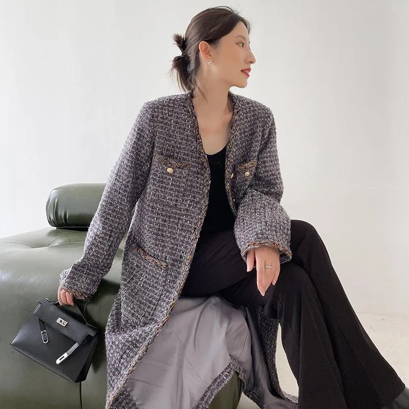 Gray Single Breasted Tweed Long Coat