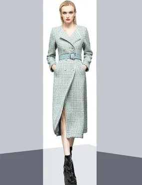 Green Plaid Double Breasted Belted Tweed Long Coat