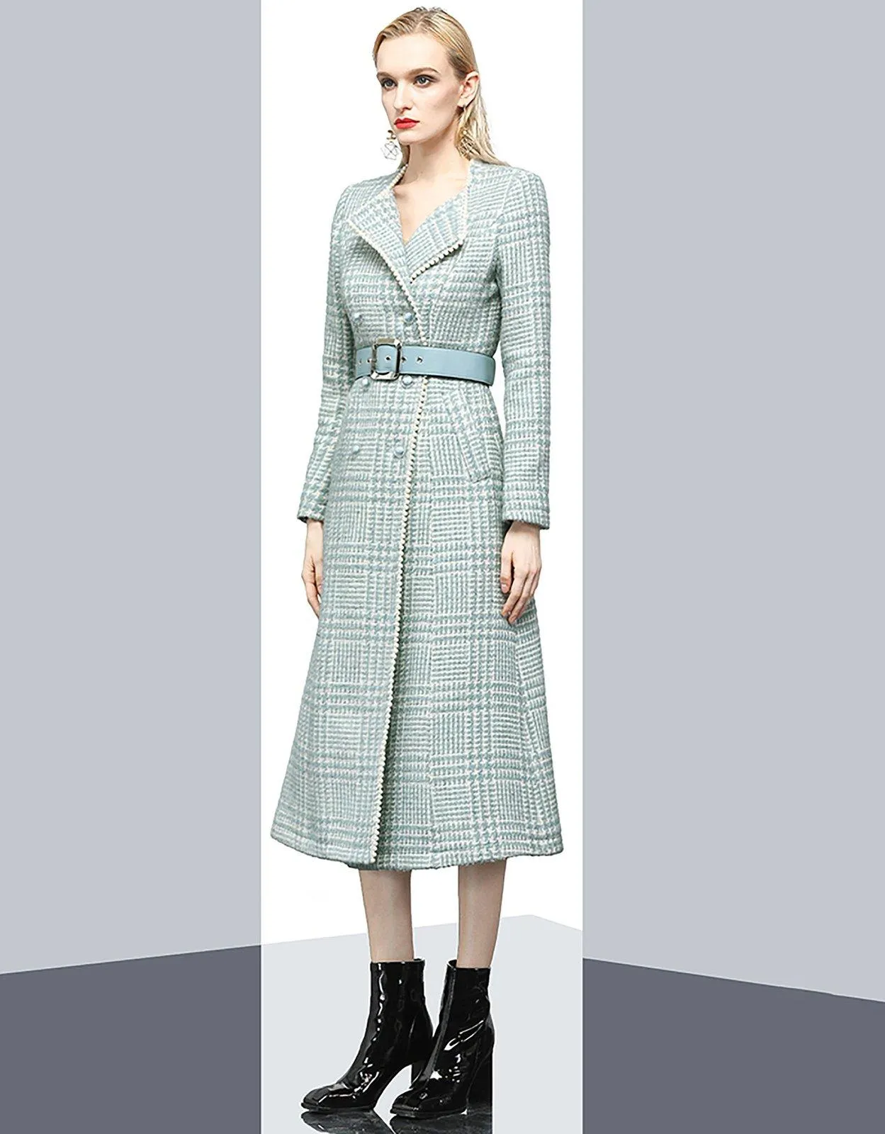 Green Plaid Double Breasted Belted Tweed Long Coat