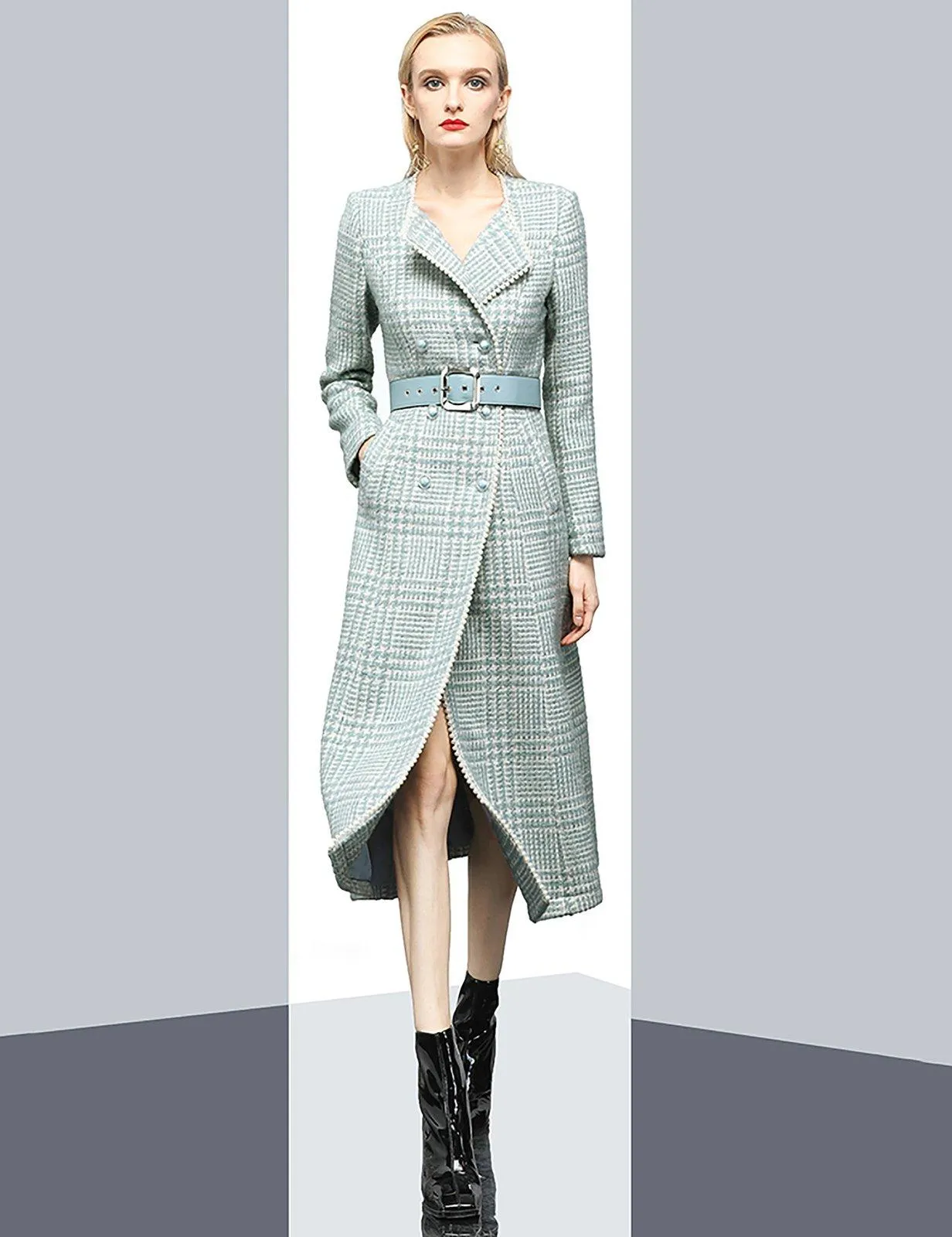 Green Plaid Double Breasted Belted Tweed Long Coat