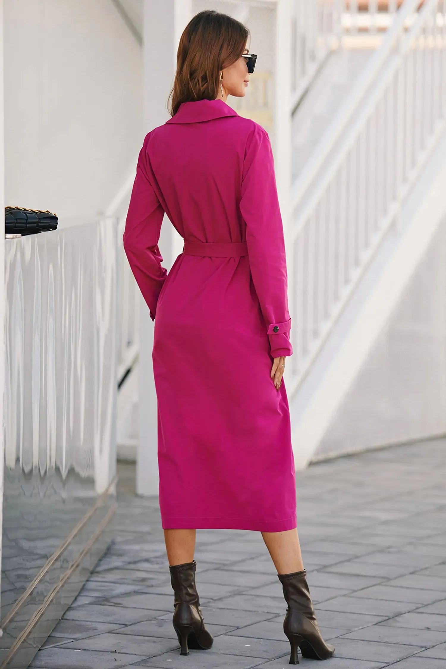 Hot Pink Belted Single Breasted Lapel Long Trench Coat