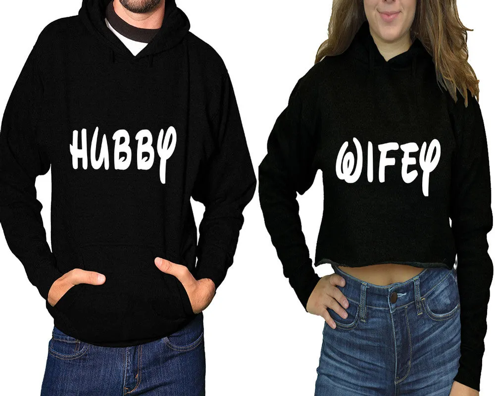 Hubby Wifey Couple Matching Pullover Hoodie for Man, Crop Top Hoodie for Woman