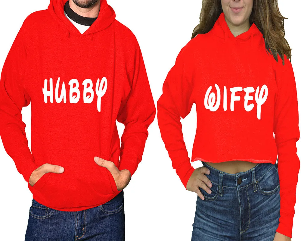 Hubby Wifey Couple Matching Pullover Hoodie for Man, Crop Top Hoodie for Woman