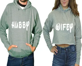 Hubby Wifey Couple Matching Pullover Hoodie for Man, Crop Top Hoodie for Woman