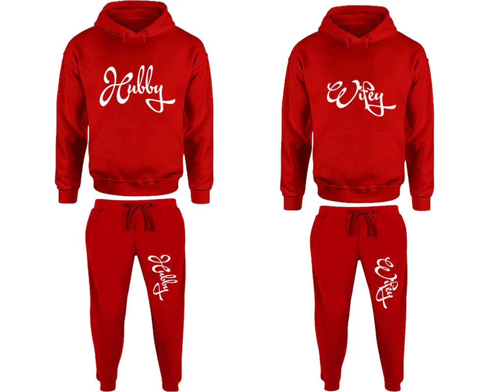 Hubby Wifey Couple Matching Pullover Hoodies and Jogger Pants Top & Bottom Sets