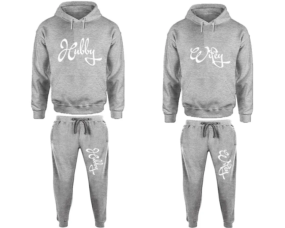 Hubby Wifey Couple Matching Pullover Hoodies and Jogger Pants Top & Bottom Sets