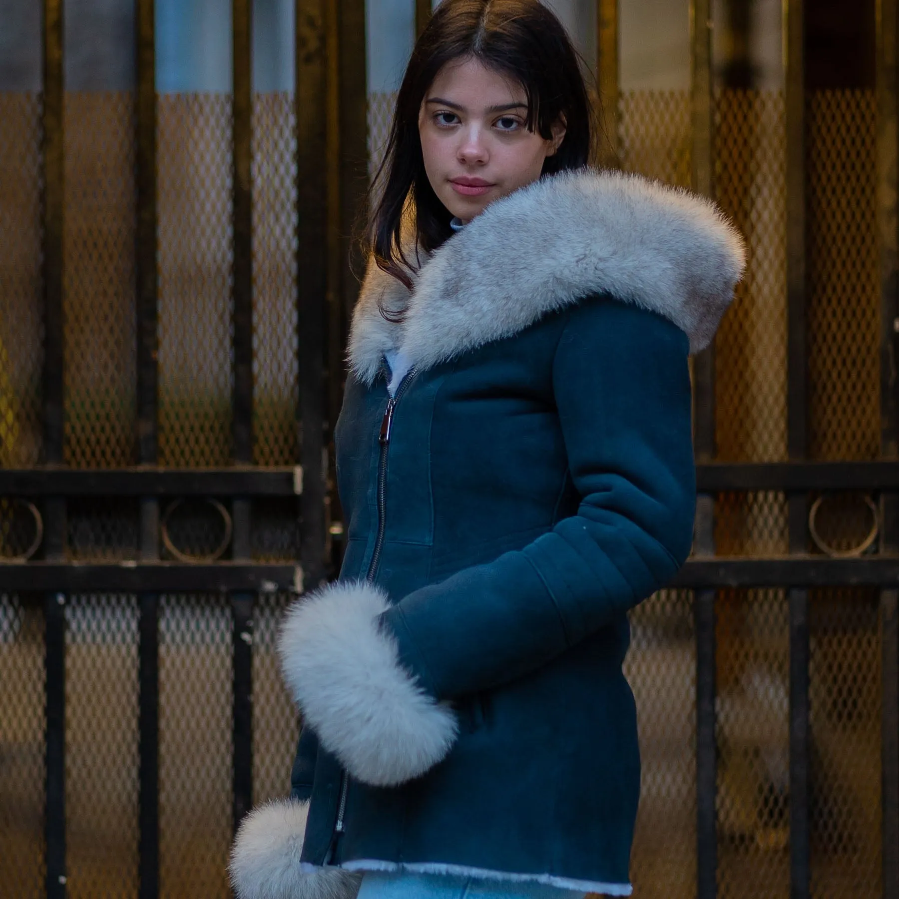 Izzy's Shearling coat with fox fur trim