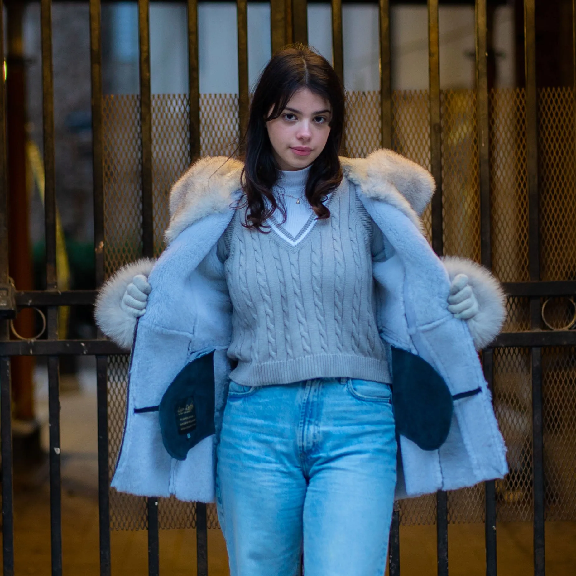 Izzy's Shearling coat with fox fur trim