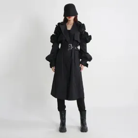 Jazz Up Ruffled Sleeve Black Trench Coat