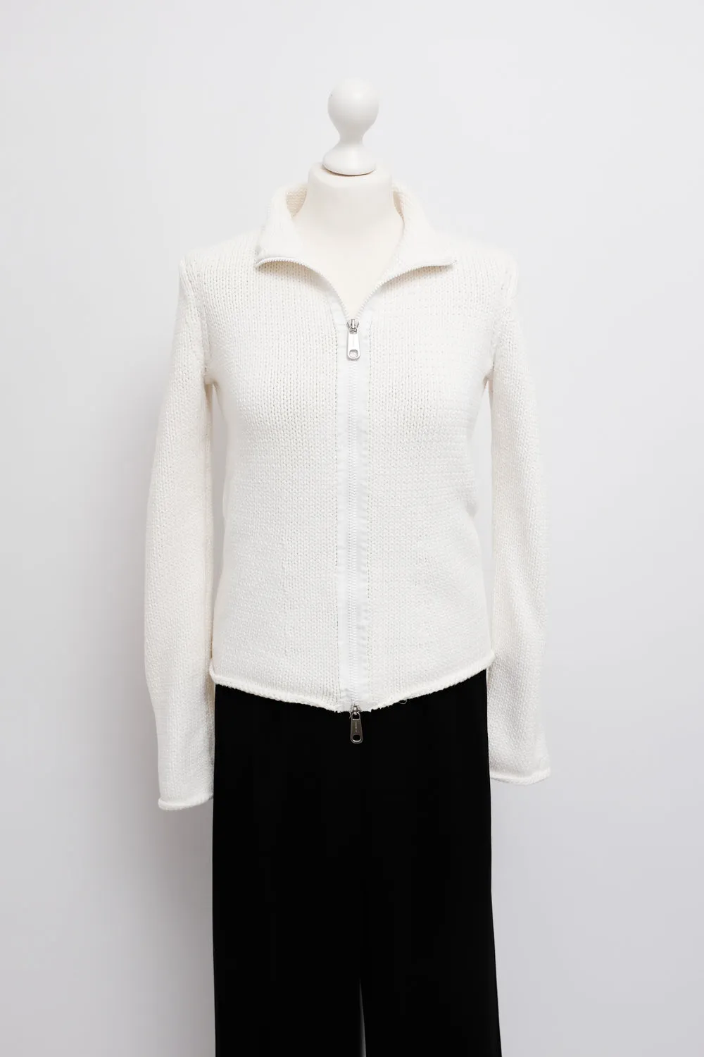 JIL SANDER WHITE COTTON ZIP TROYER KNIT