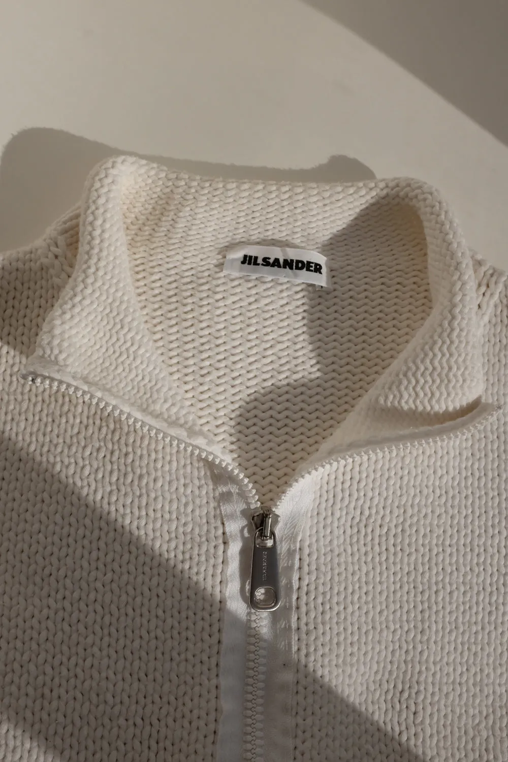 JIL SANDER WHITE COTTON ZIP TROYER KNIT