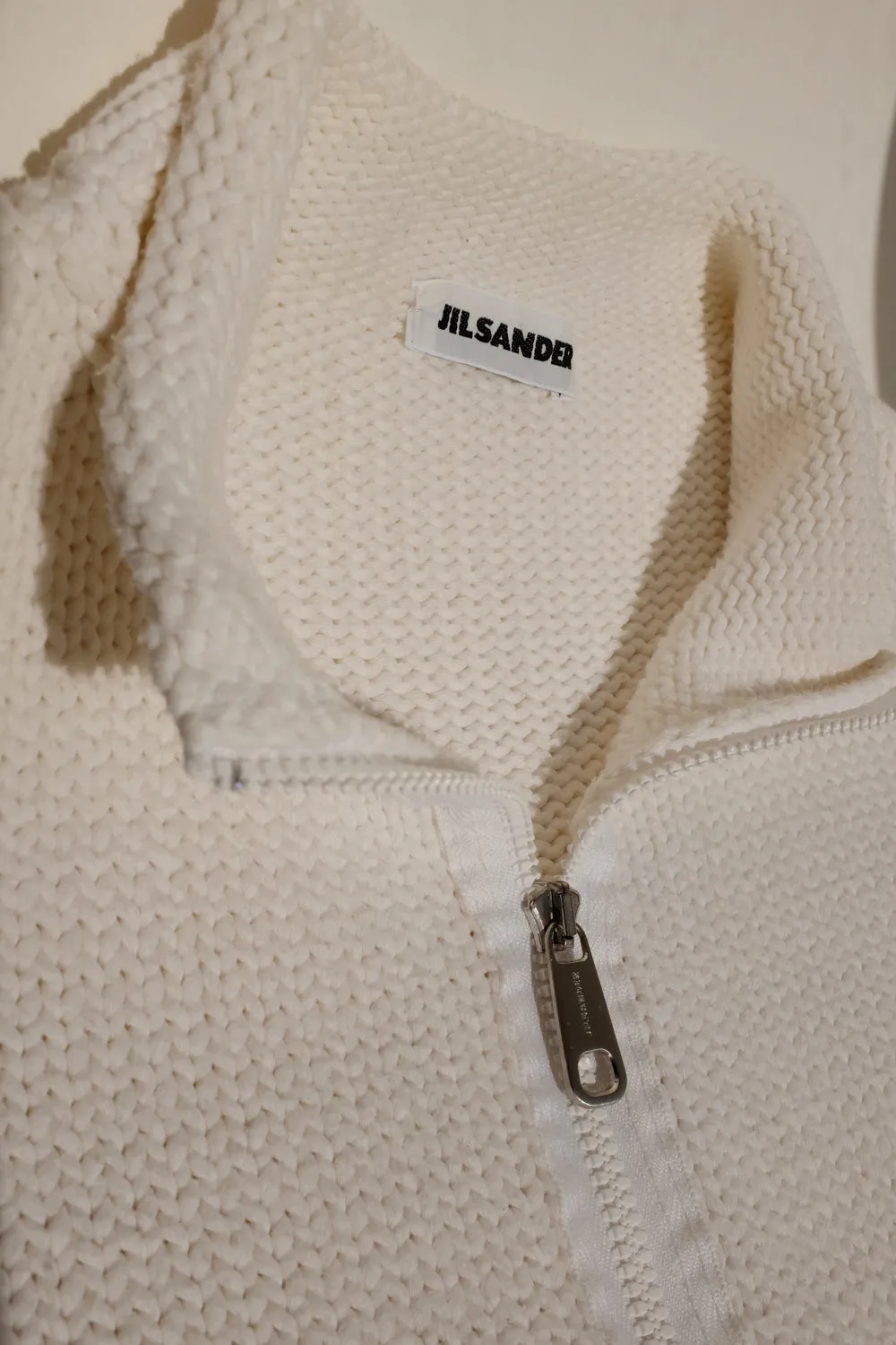 JIL SANDER WHITE COTTON ZIP TROYER KNIT