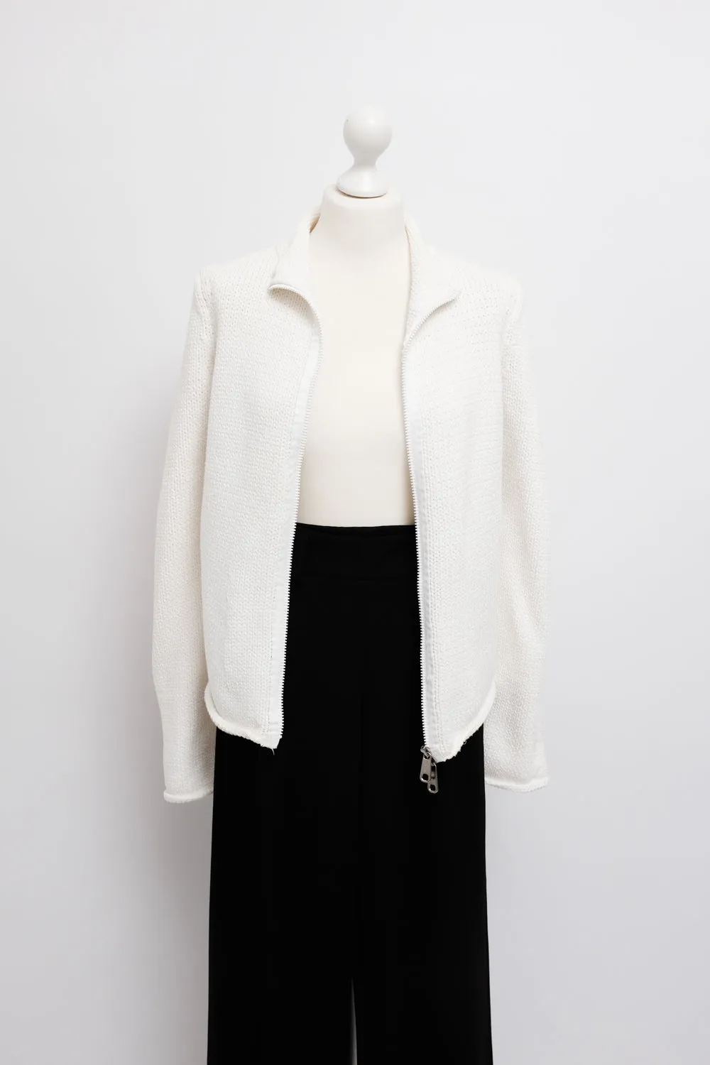 JIL SANDER WHITE COTTON ZIP TROYER KNIT