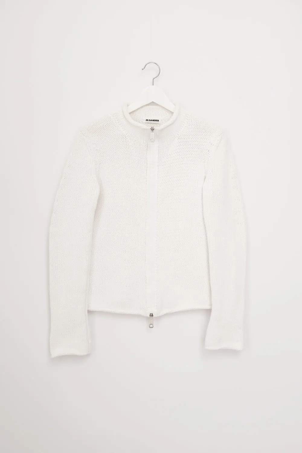 JIL SANDER WHITE COTTON ZIP TROYER KNIT