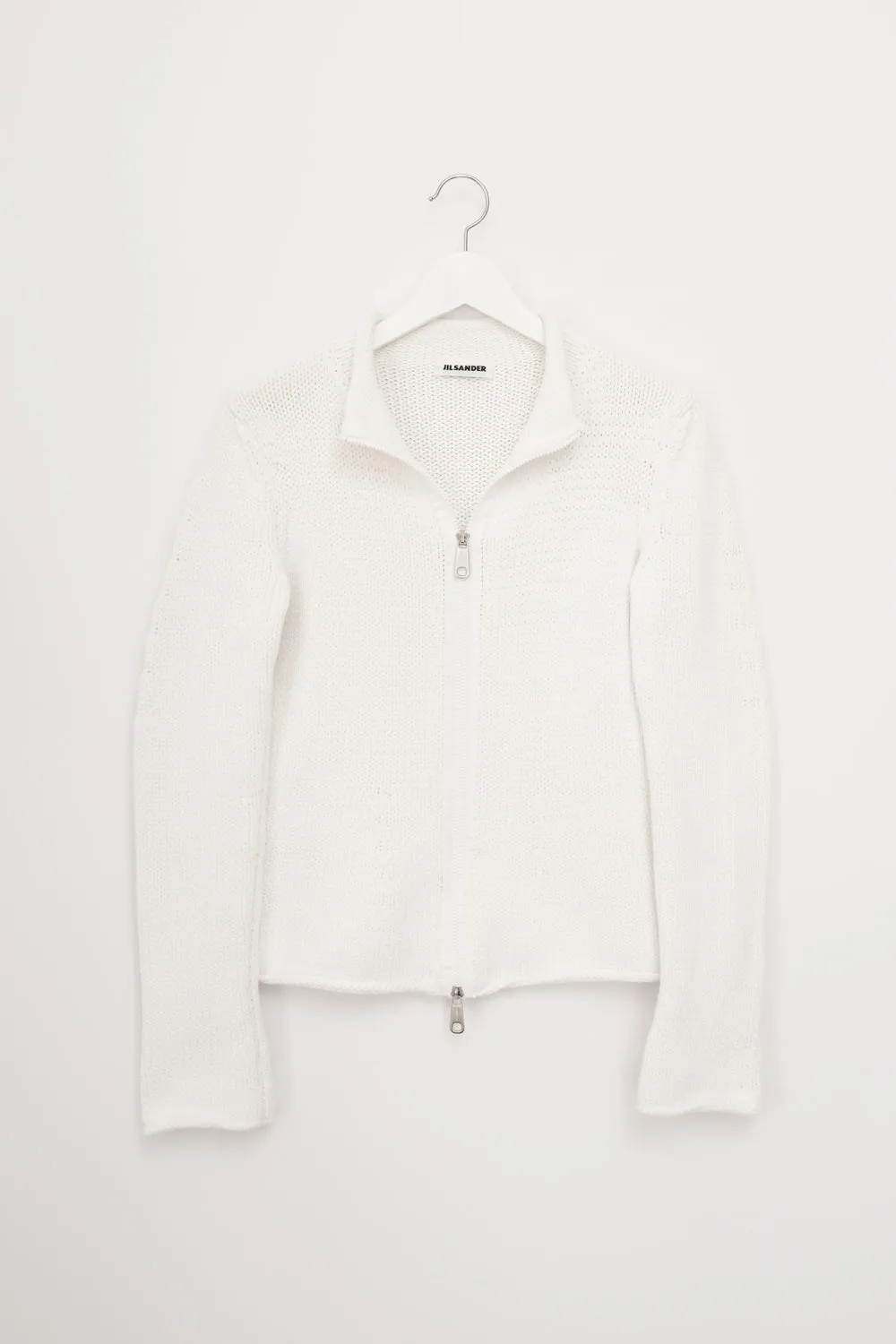 JIL SANDER WHITE COTTON ZIP TROYER KNIT