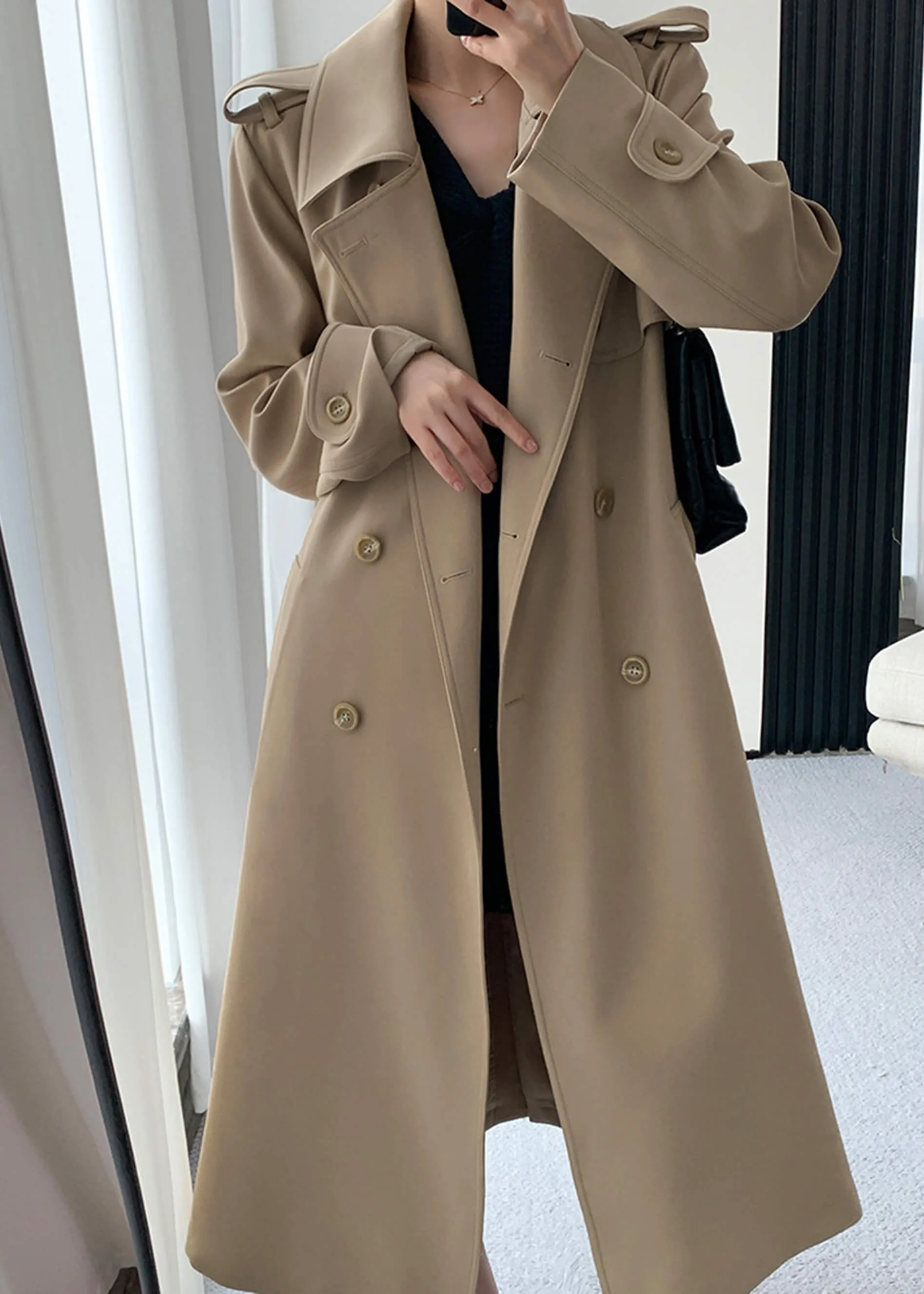 Khaki Long Trench Coat,Double Breasted Duster Coat