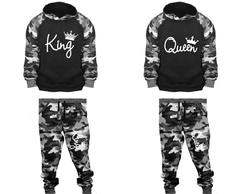 King Queen Couple Matching Camo Hoodies and Camo Jogger Pants Sold Separately