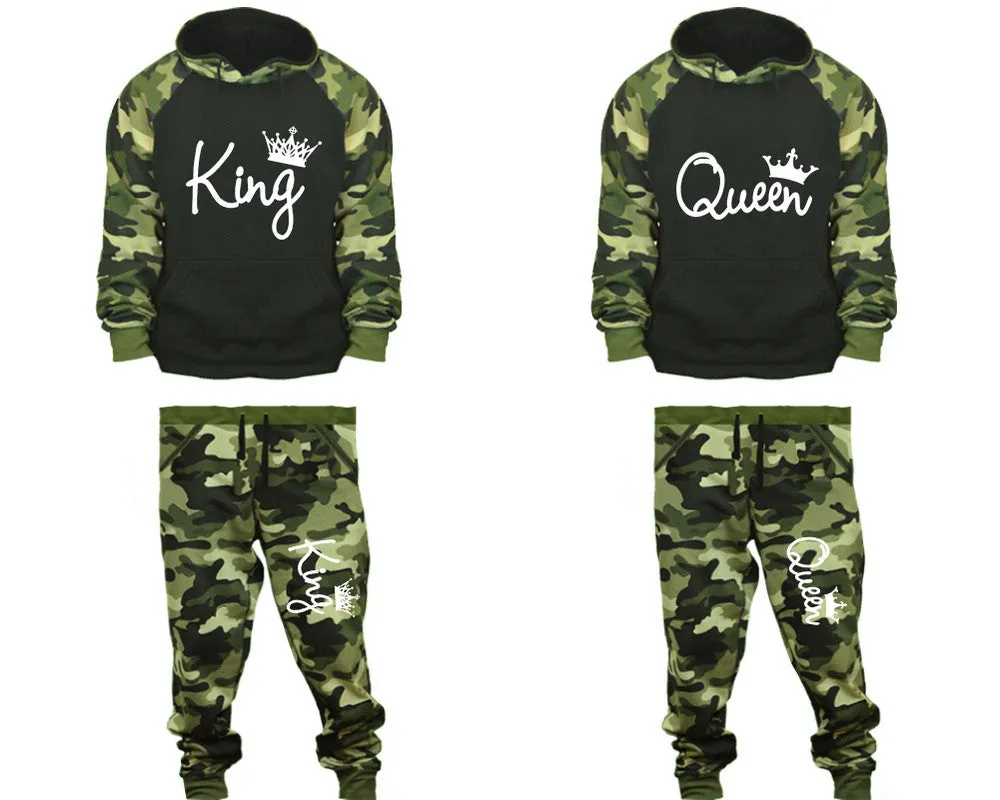 King Queen Couple Matching Camo Hoodies and Camo Jogger Pants Sold Separately