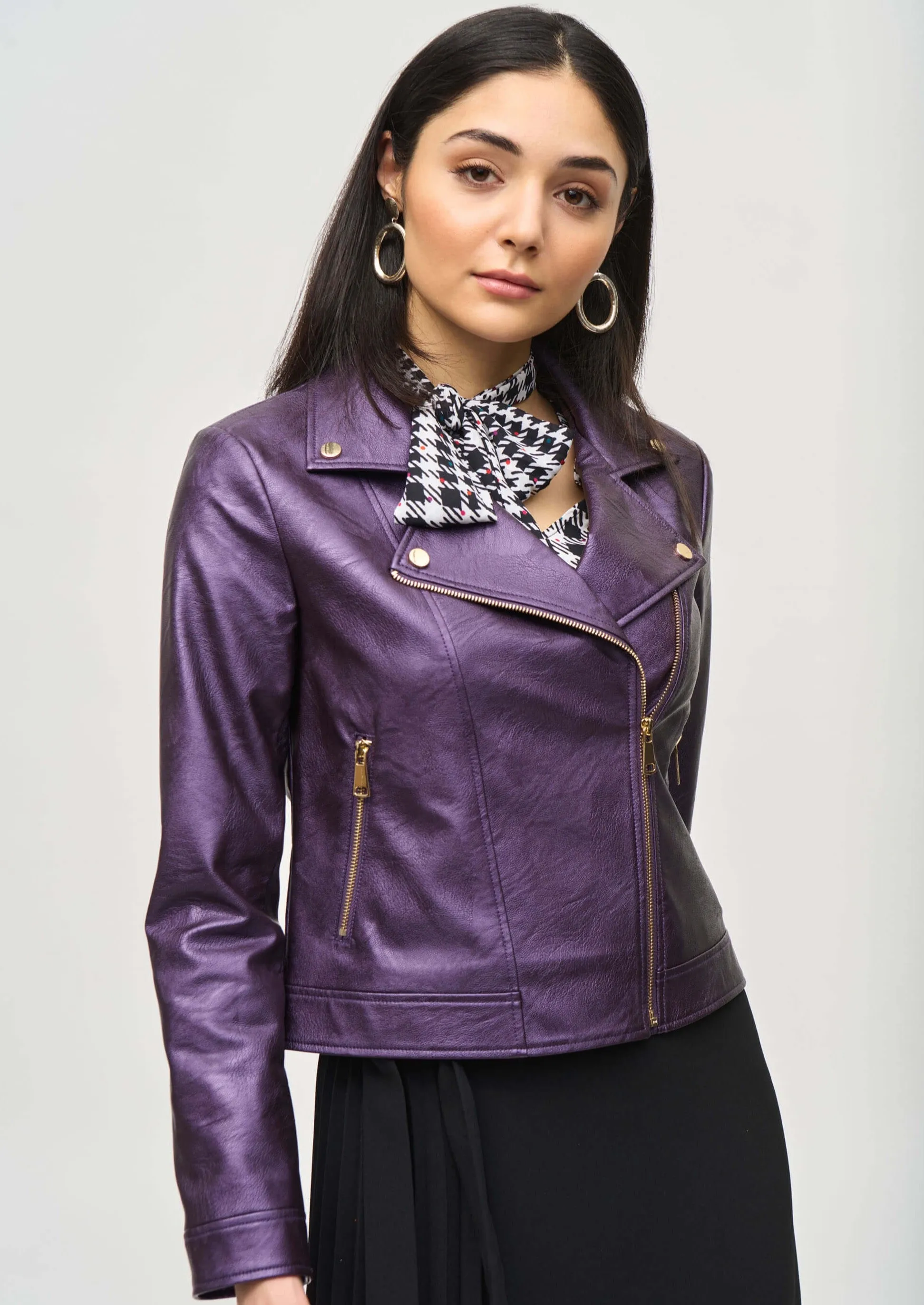 Liberty Metallic Faux Leather Biker Jacket - Blackcurrant 234902F24