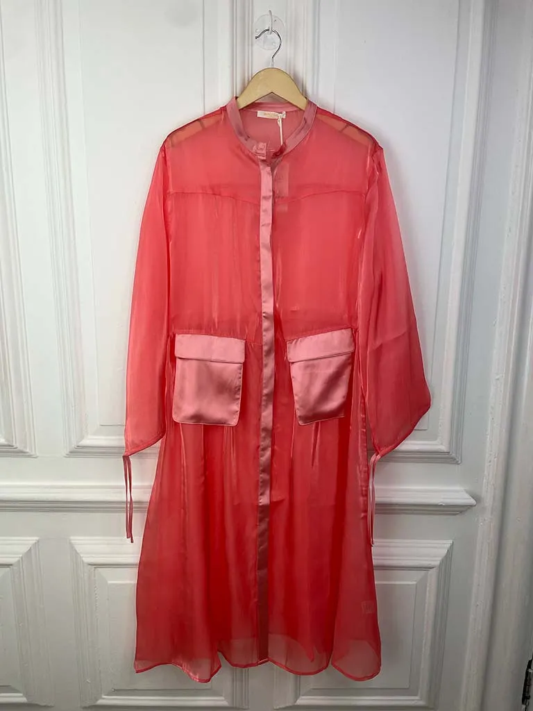 Malissa J Satin Pocket Sheer Shirt Dress - Coral