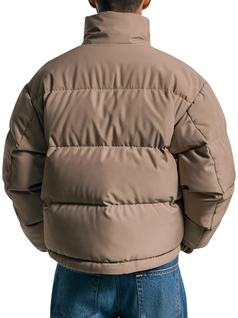 Men's Tan Puffer Jacket With High Collar