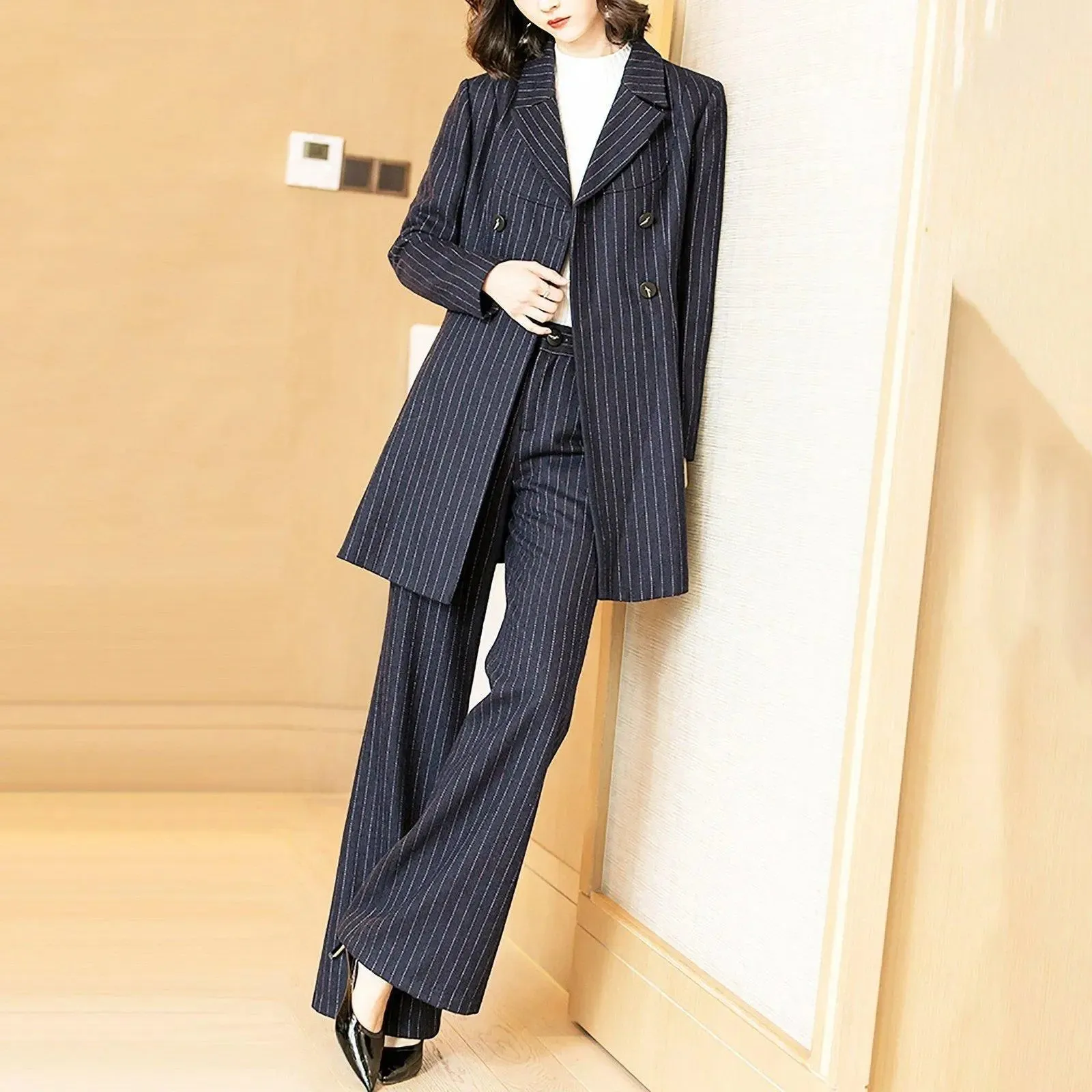 Navy Blue Wool Blend Long Blazer & Flare Pants Set