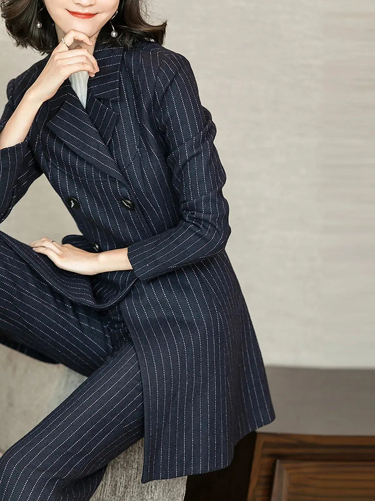 Navy Blue Wool Blend Long Blazer & Flare Pants Set