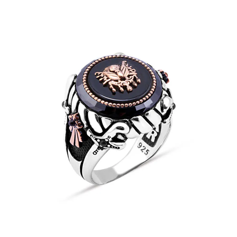 Ottoman Coat of Arms on Black Circle Onyx Stone with Rim Around Silver Men's Ring Siding Double Sword and Ribbon