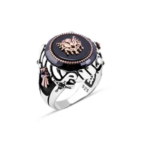 Ottoman Coat of Arms on Black Circle Onyx Stone with Rim Around Silver Men's Ring Siding Double Sword and Ribbon