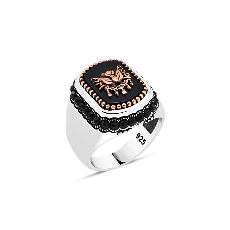 Ottoman Empire Coat of Arms on Black Rectangle Onyx Stone with Circling Zircons Silver Men's Ring