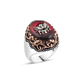 Ottoman Empire Coat of Arms on Red Ellipse Synthetic Amber Stone Silver Men’s Ring with Wavy Top Pattern