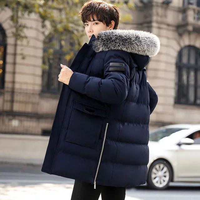 Parka men's coat winter jacket men's slim thick fur Hooded Coat warm medium long cotton padded jacket