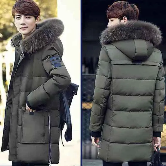 Parka men's coat winter jacket men's slim thick fur Hooded Coat warm medium long cotton padded jacket