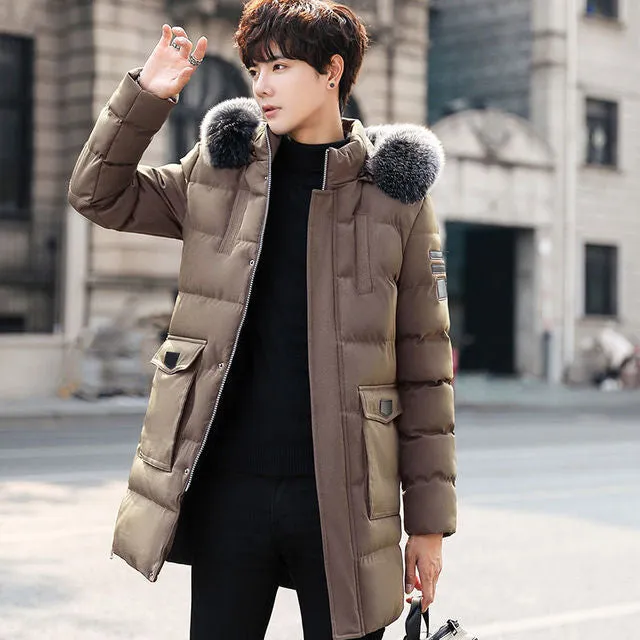 Parka men's coat winter jacket men's slim thick fur Hooded Coat warm medium long cotton padded jacket