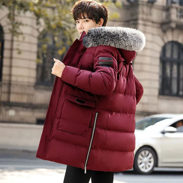 Parka men's coat winter jacket men's slim thick fur Hooded Coat warm medium long cotton padded jacket