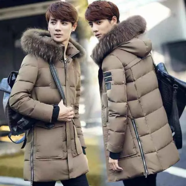 Parka men's coat winter jacket men's slim thick fur Hooded Coat warm medium long cotton padded jacket