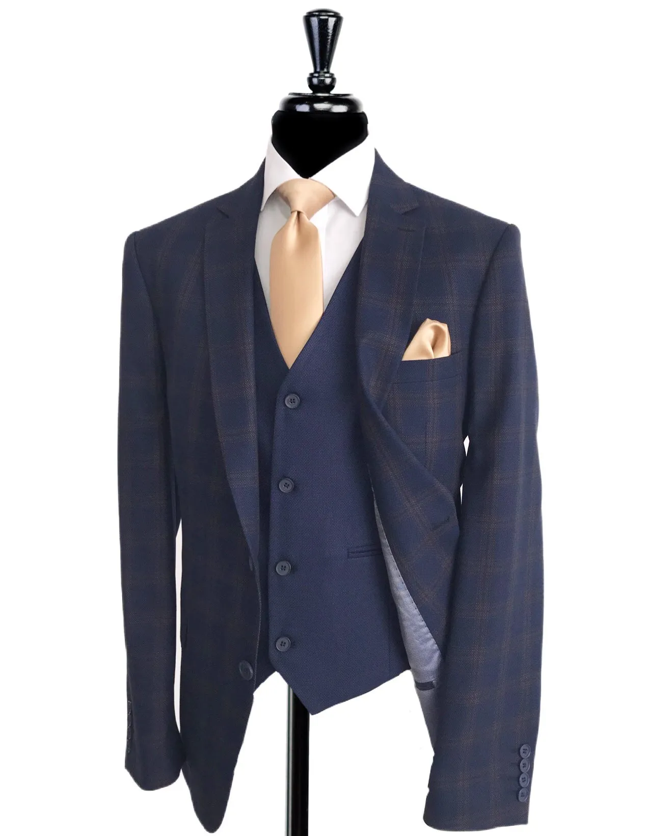 PIETRO SCARLATTI Navy/Brown Check 3 Piece Suit