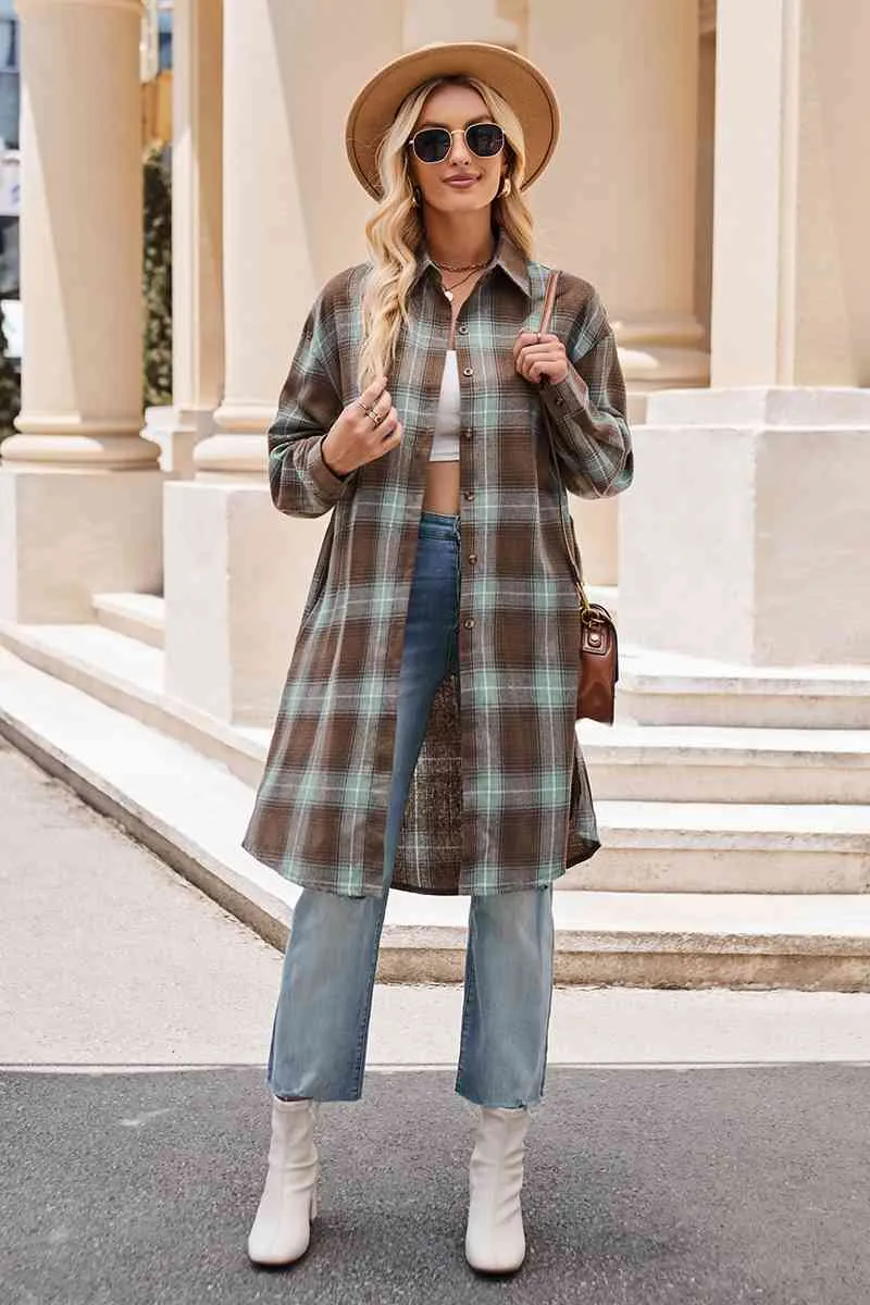 Plaid Collared Neck Long Sleeve Coat