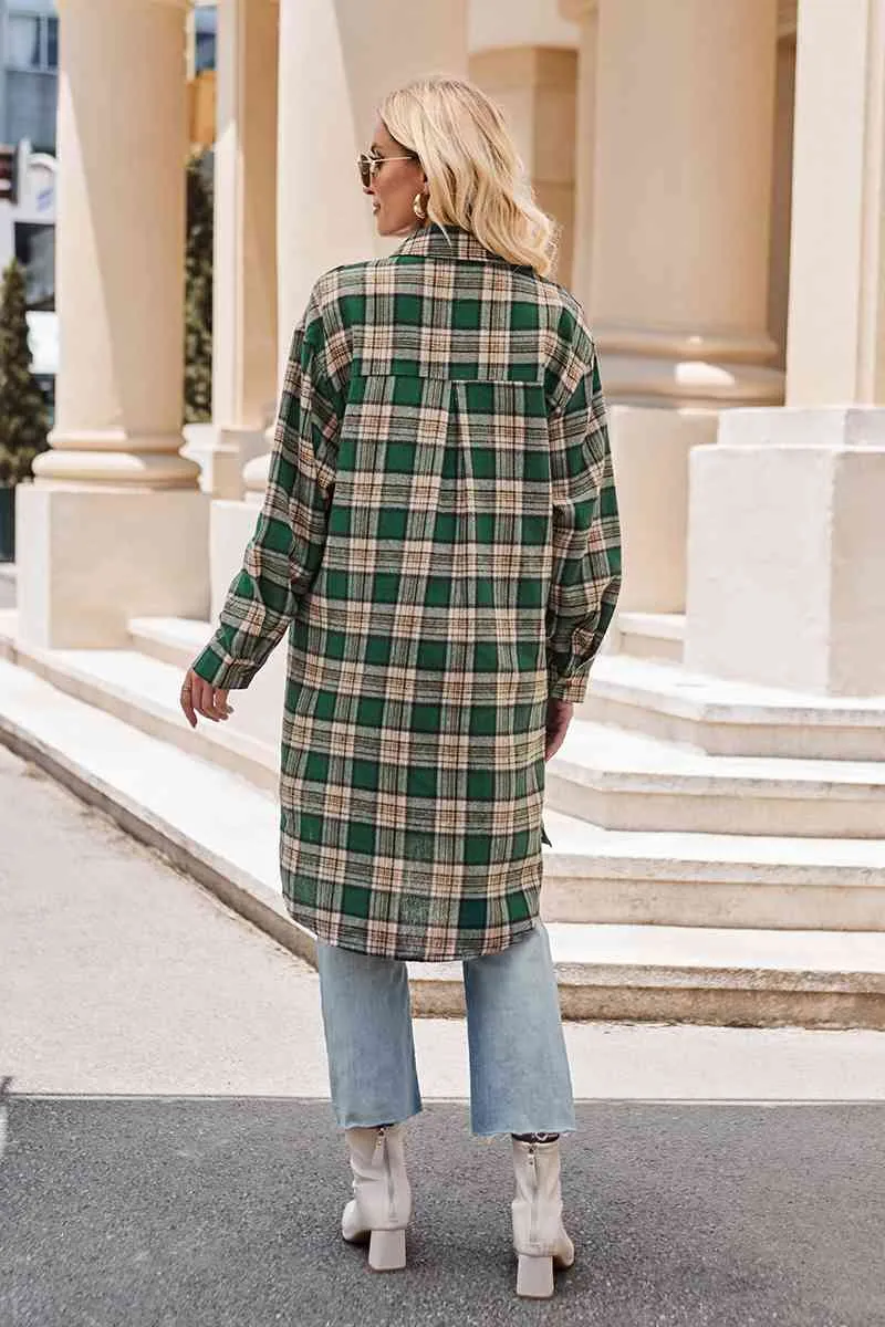 Plaid Collared Neck Long Sleeve Coat