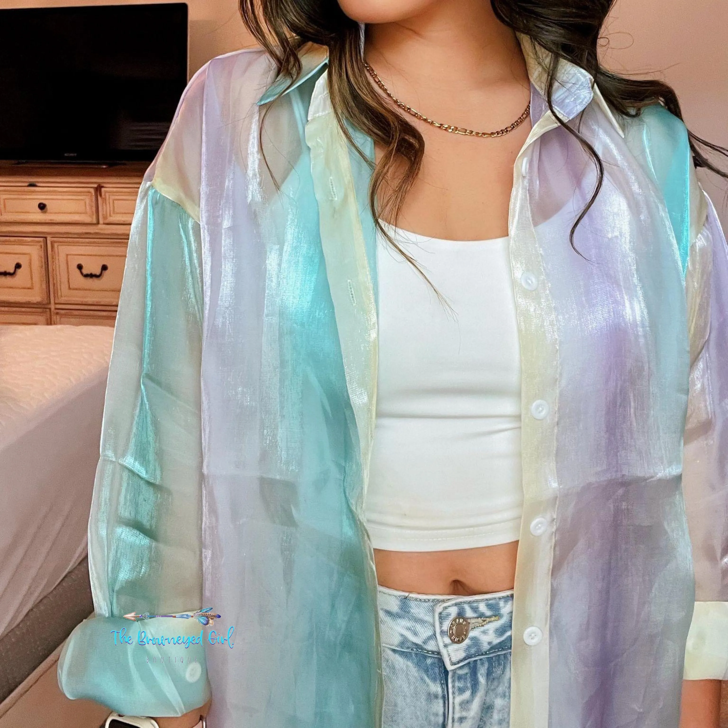 Rainbow Sheer Iridescent Button Down