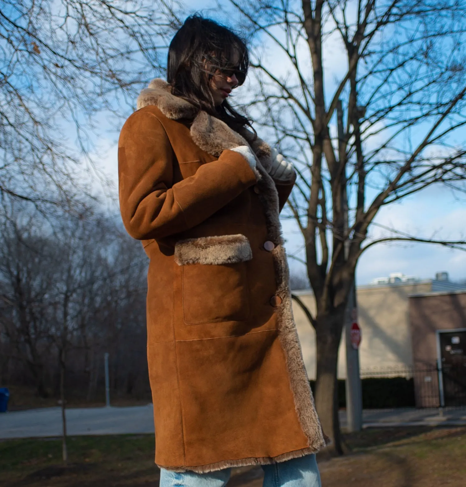 Sabina Tobacco Long Shearling Coat