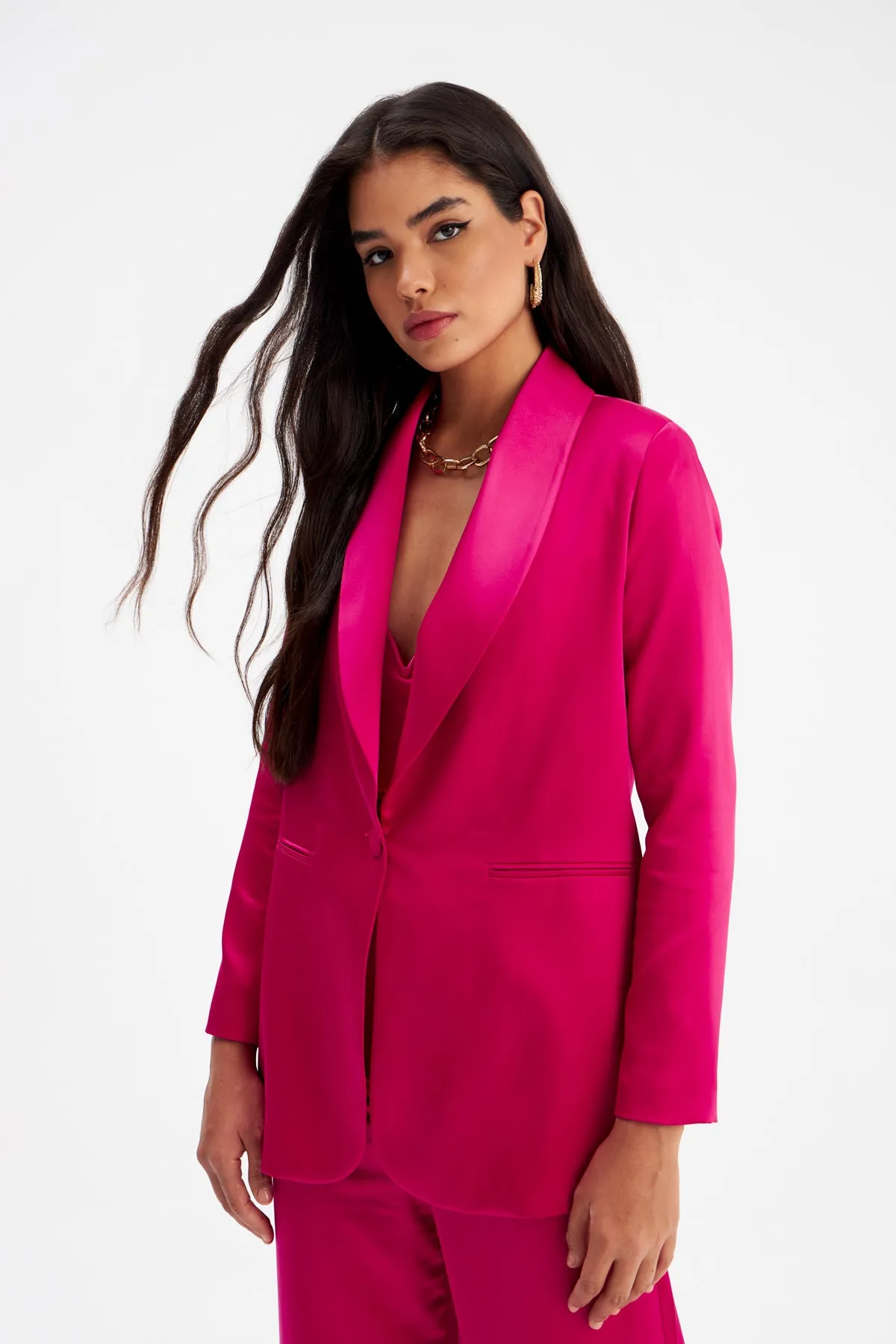 Shawl Collar Satin Jacket - Pink