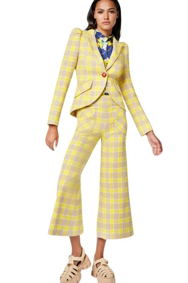 Smythe - Pouf Sleeve One Button Blazer - Yellow Check