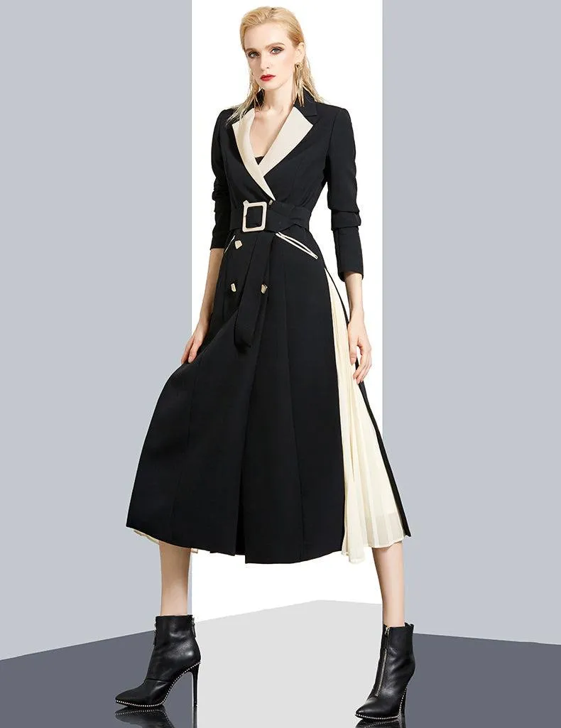 Women Black Beige Color Match Long Trench Dress Coat