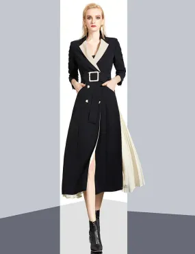 Women Black Beige Color Match Long Trench Dress Coat