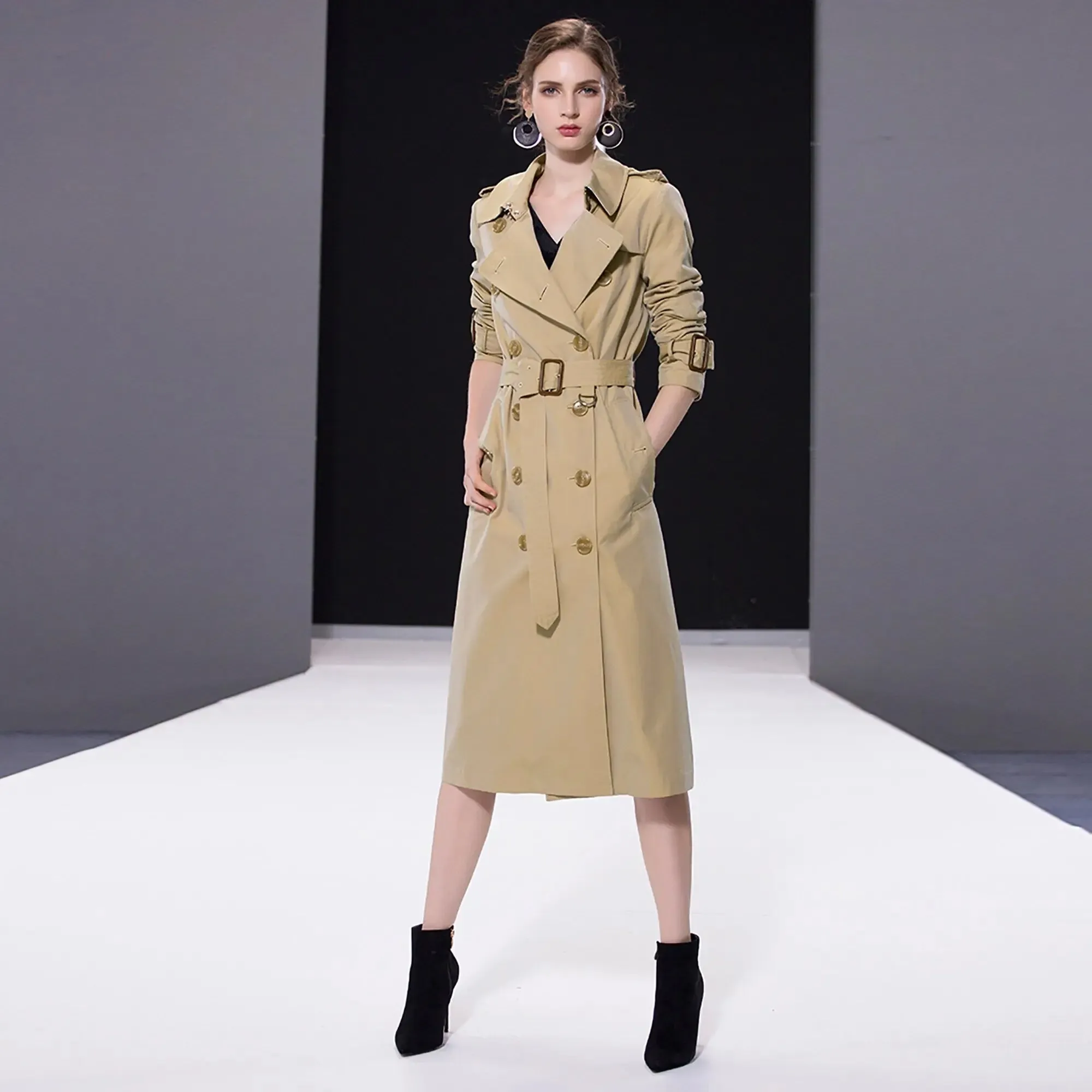 Women Khaki Double Breasted Trench Coat,Long Fall Coat Windbreaker,Office lady Duster Coat,classic trench coat,Waterproof Raincoat Outerwear