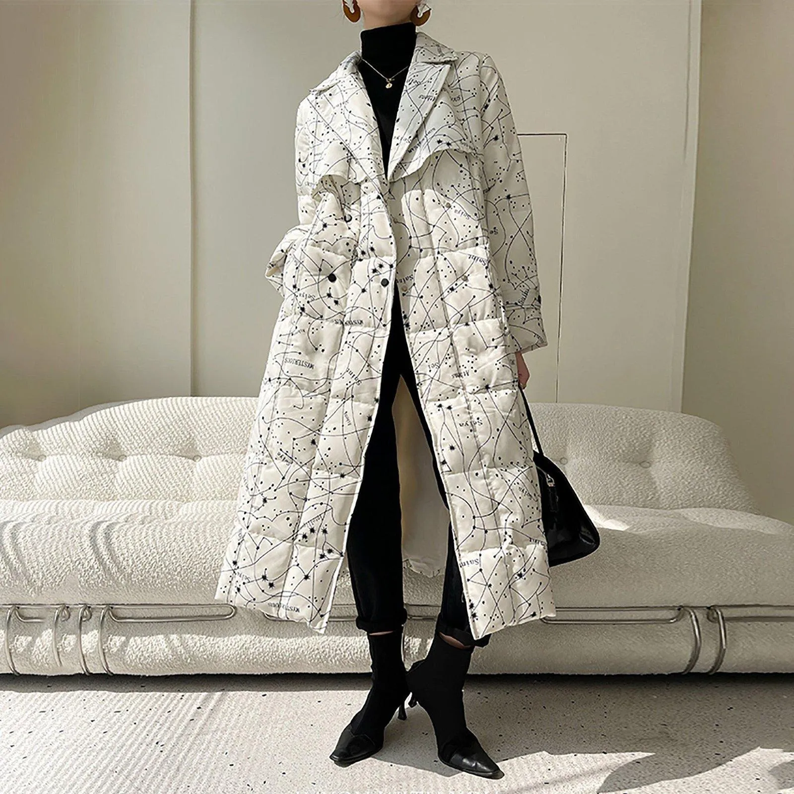 Women Printing Long Down Coat,Thicken warm Down Jacket,Belted Maxi Down Puffer Coat,Warm Winter Coat,White Long Down Coat,Quilted down Coat