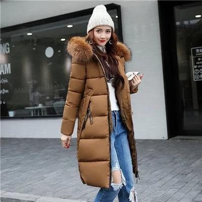 Women's Down Parkas Winter Jacket Coat Big Fur Collar Thick Slim Coats Fashion Hooded Cotton Outerwear Long Winter Woman Coat